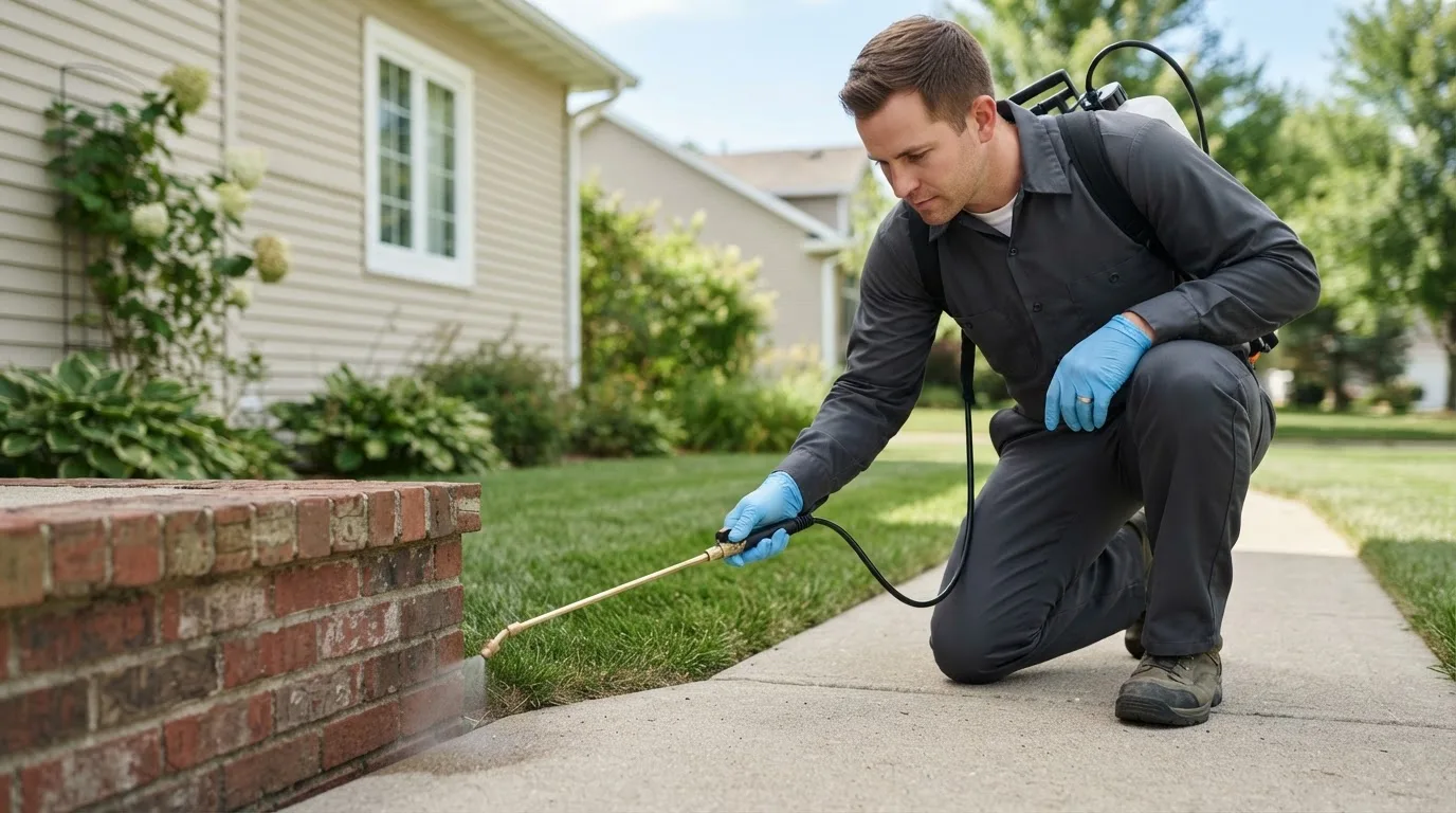 Pest control technician treating a home near Menlo, IA