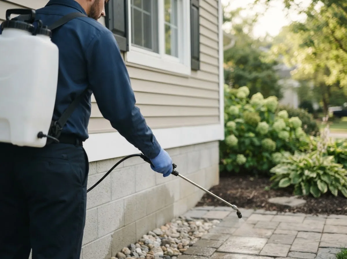Pest control technician inspecting a home in Menlo, IA